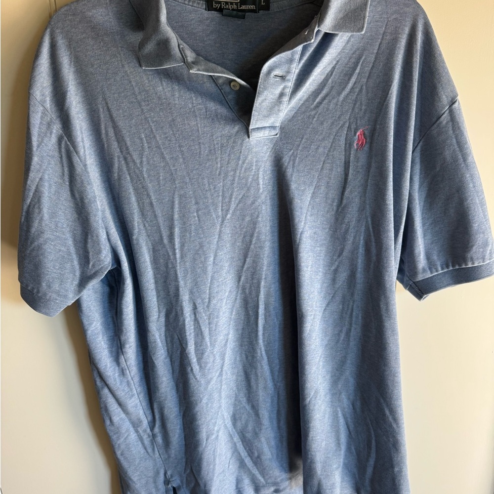 Ralph Lauren Men's Light Blue Polo Shirt with Pink Logo